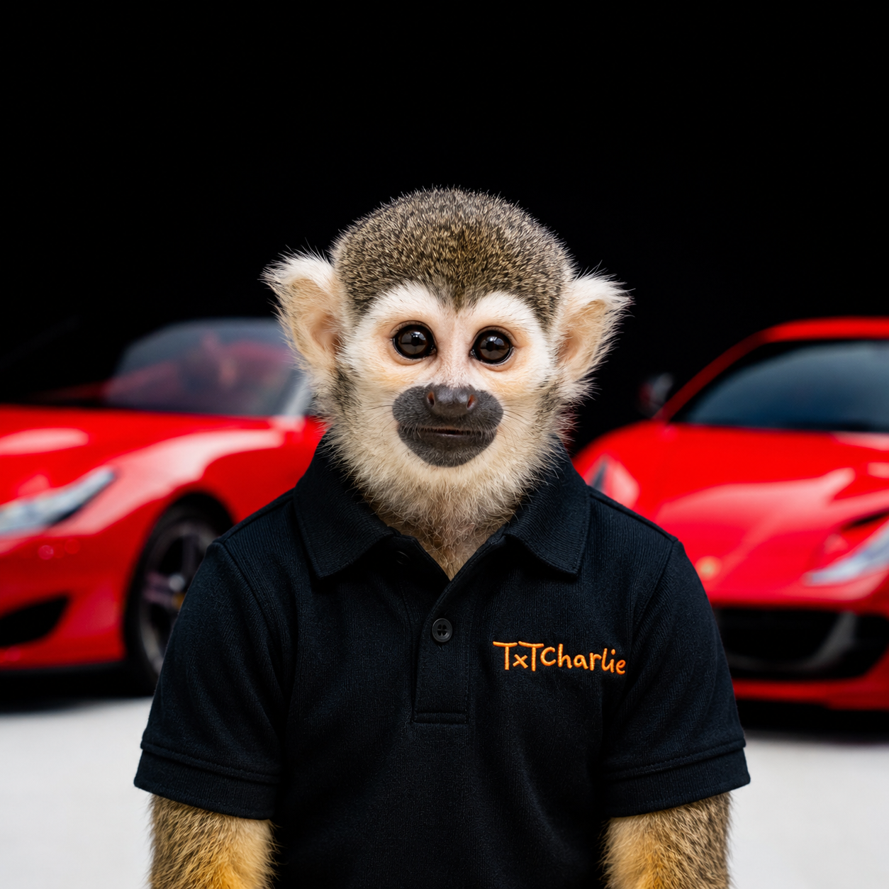01fe6a6f9ba645cfb79cbcd7bdf05cef | Txtcharlie Capuchin monkey wearing a black polo shirt with orange 'TxTCharlie' embroidery, posed in front of red sports cars under a dark background.