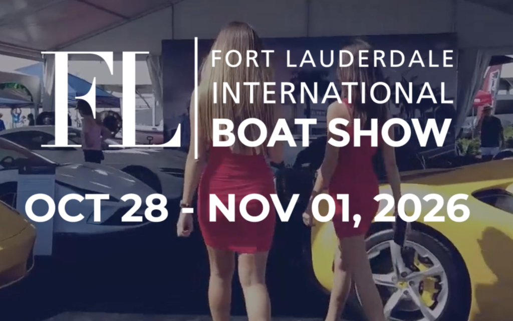 Screenshot 20260908 at 72206 Am | Txtcharlie Hero banner for the Fort Lauderdale International Boat Show with two women in red dresses walking past parked sports cars; dates read Oct 28 – Nov 01, 2026.
